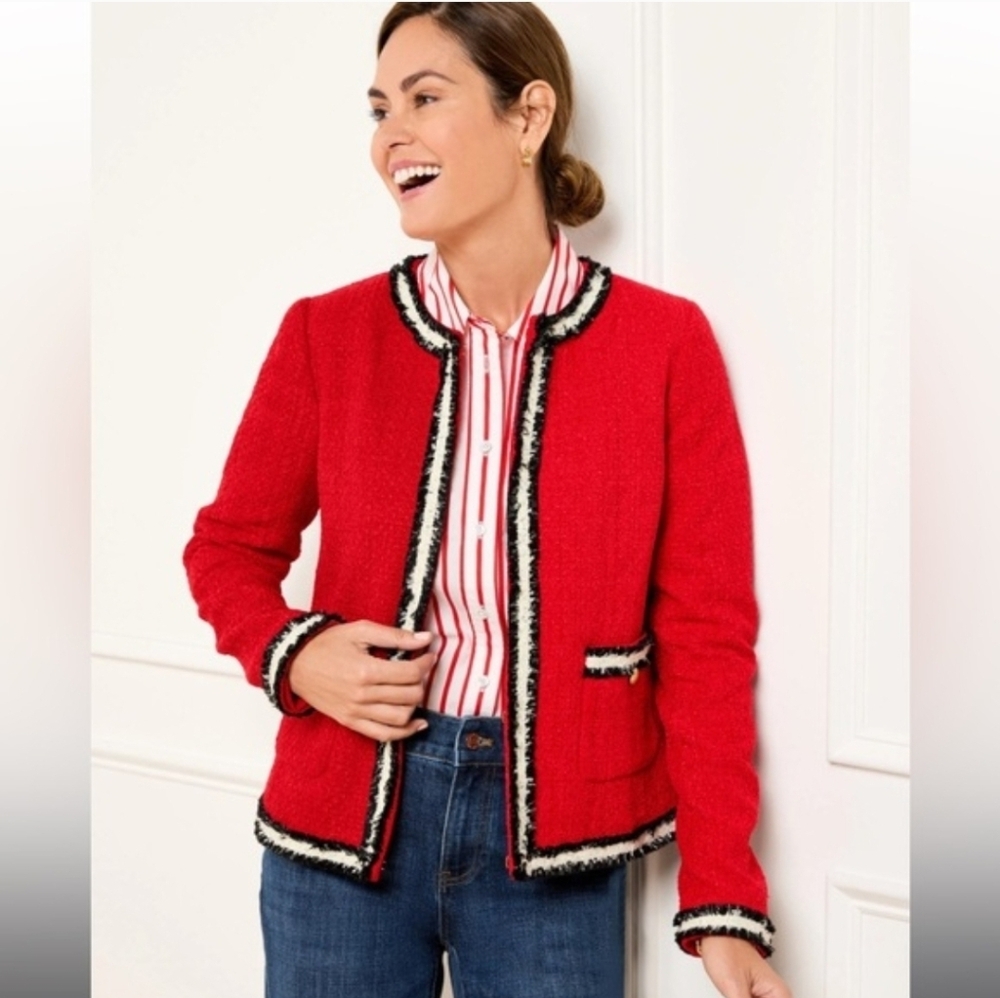 New Talbots Women's Tweed Blazer Lady Jacket Red Black Fringe Size 10 Petite